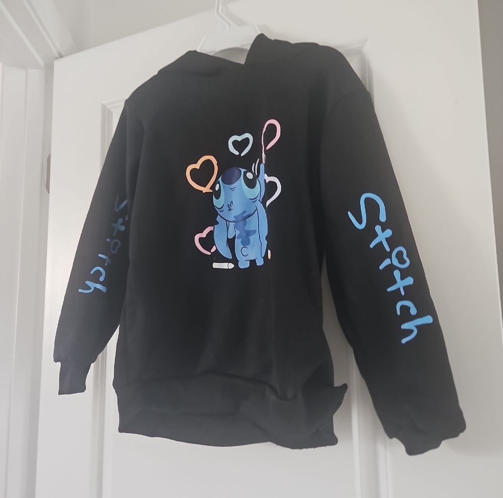 Black Hoodie with Blue Character and Heart Design